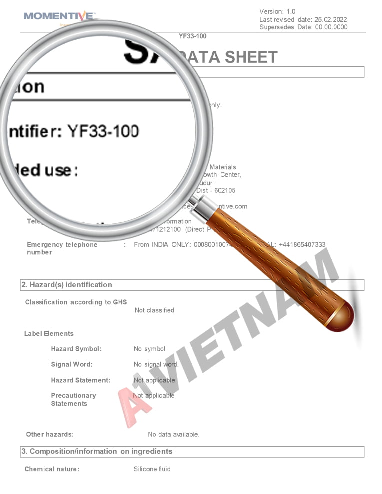 Dầu Momentive YF33 - 100 6 MSDS sản phẩm