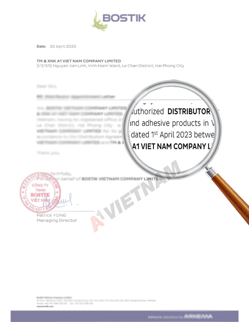 Giấy chứng nhận A1 Việt Nam là nhà phân phối CHÍNH HÃNG của Bostik